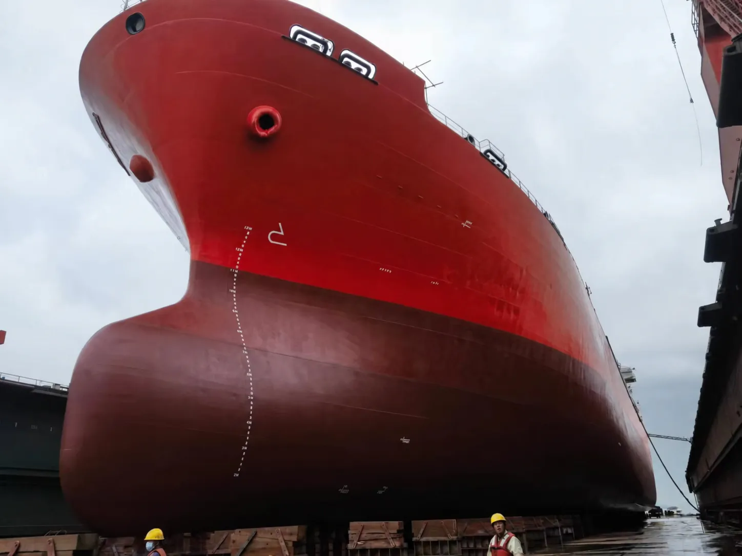 Red-hull bow work in dry dock