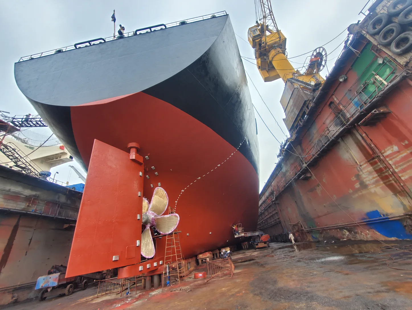 Stern and propeller area exposed in dry dock