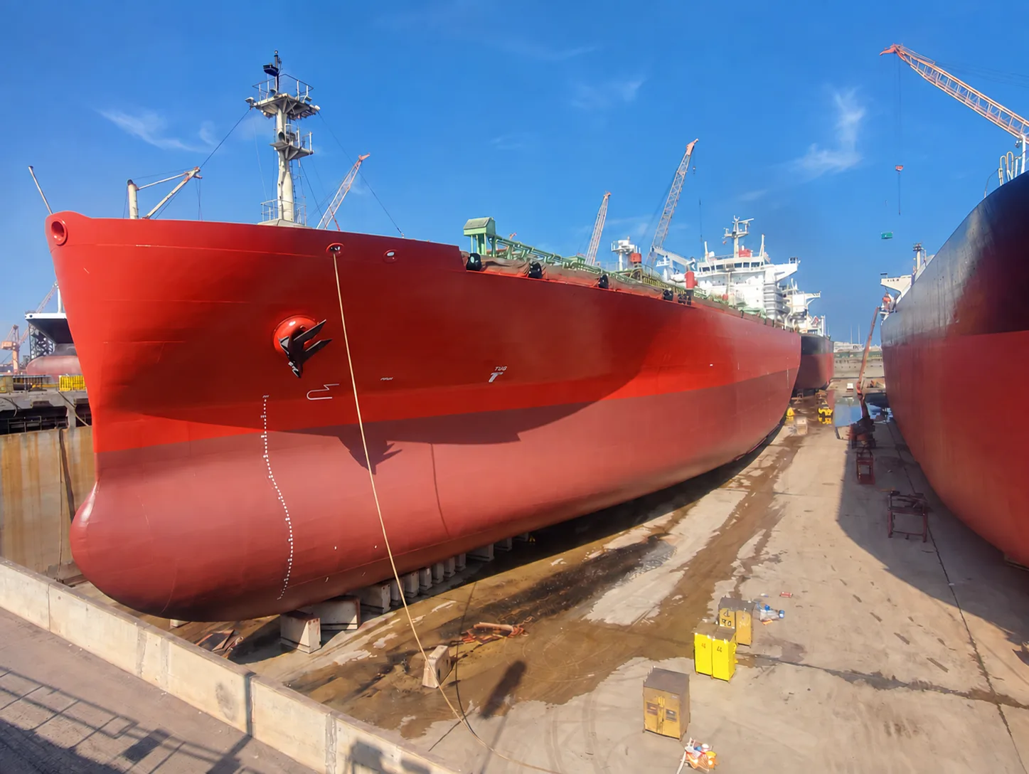 Tanker hull and bow work in dry dock