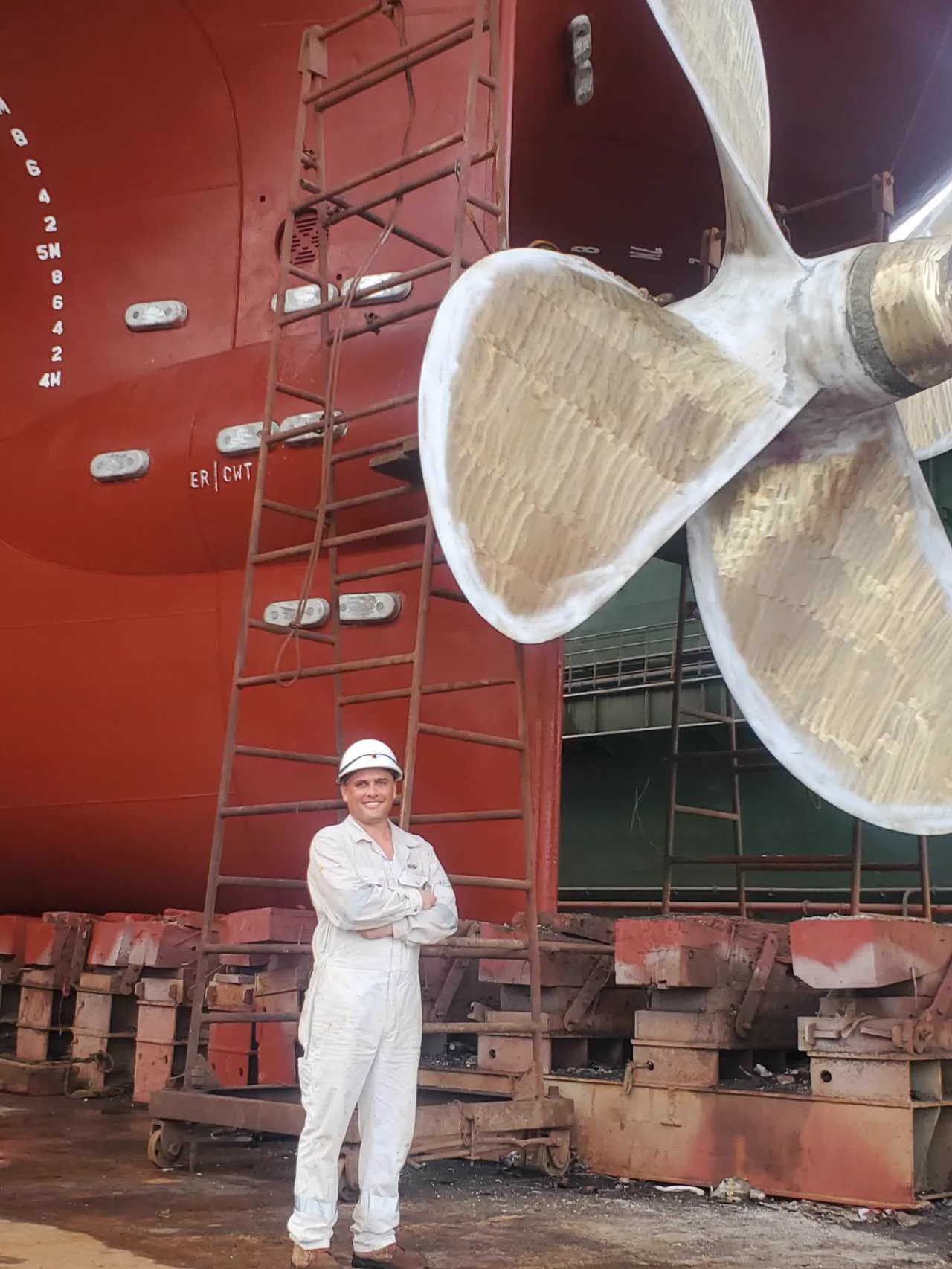 Close inspection beside a vessel propeller